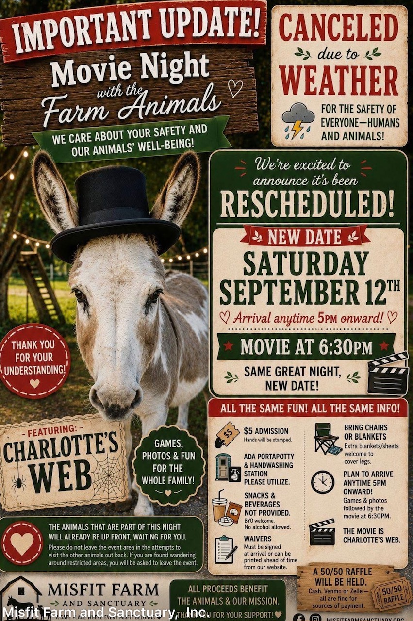 Movie Night with the Farm Animals event poster - Saturday, August 22nd at Misfit Farm & Sanctuary, 52 Fairfield St, Rehoboth, MA
