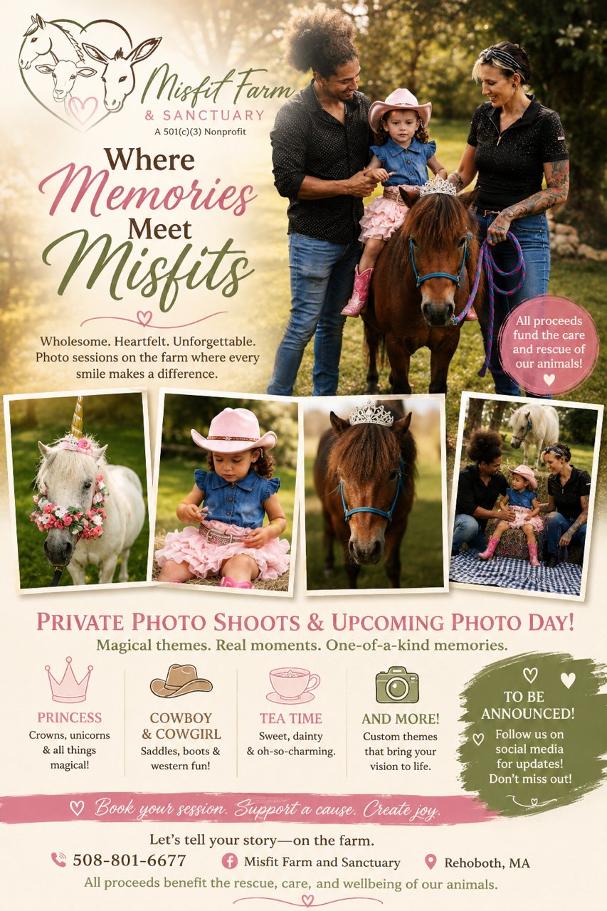 Misfit Farm & Sanctuary photo shoot promotional flyer with a family and pony