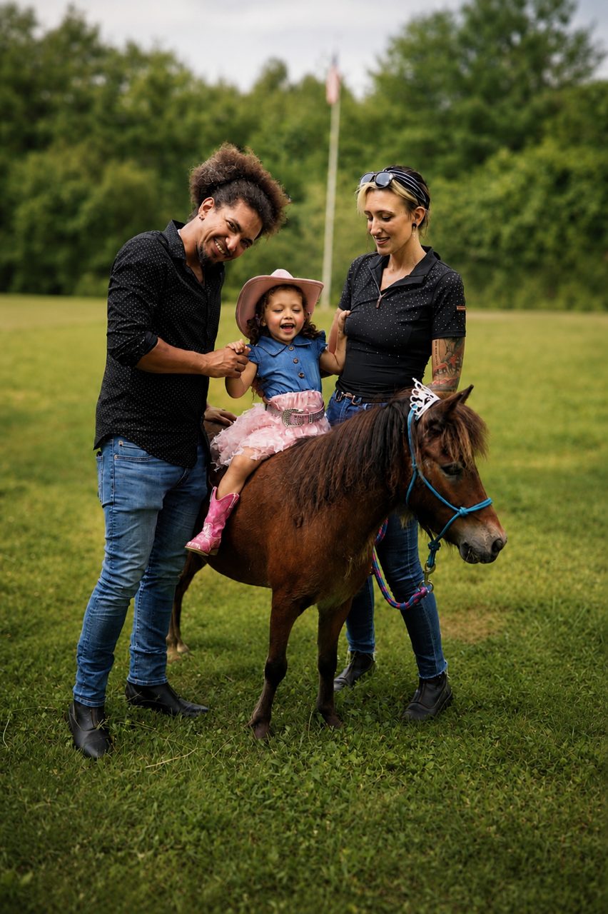Family with a young girl on a pony during a farm photo shoot at Misfit Farm & Sanctuary
