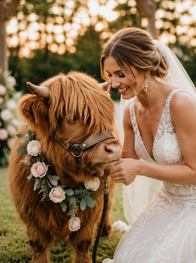 Bride feeding the Highland cow