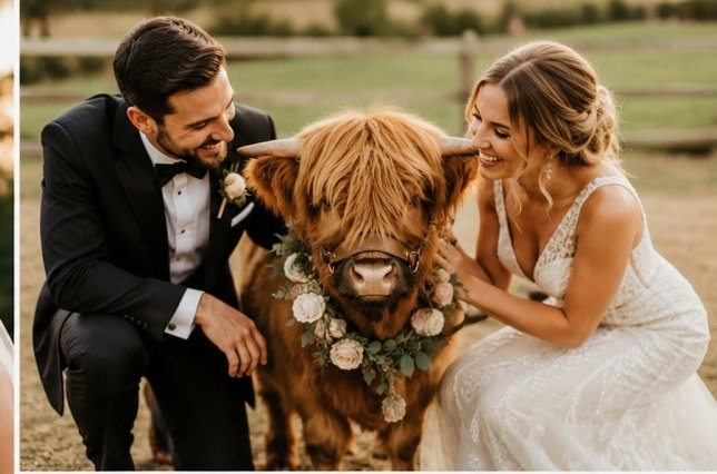 Bride and groom kneeling with a Scottish Highland cow
