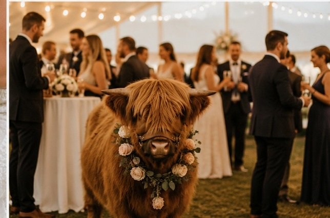 Highland cow greeting wedding guests under a reception tent