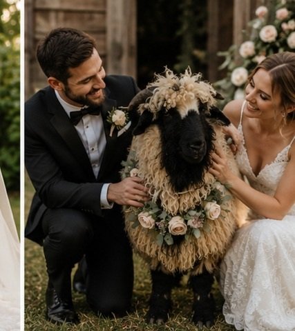 Bride and groom with a Valais Blacknose sheep